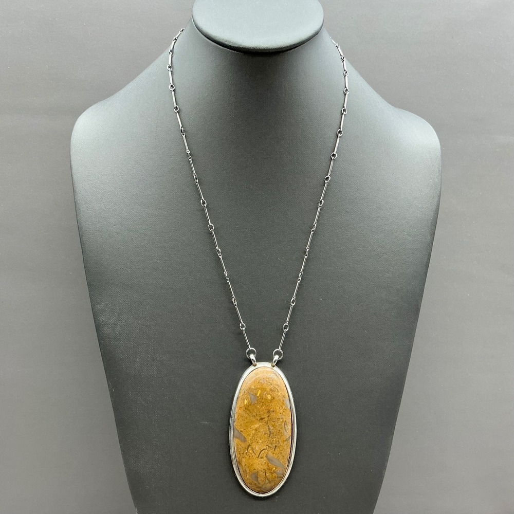 Necklace Large Jasper Stone Pendant Silver Tone Bar Link Chain Statement 24"